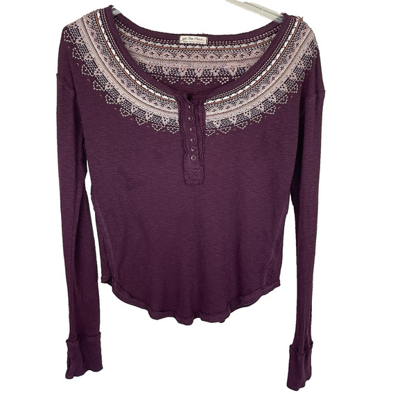 We The Free People Thermal Fair Isle Henley Shirt Size M Purple Brown Boho Ski - Picture 1 of 12